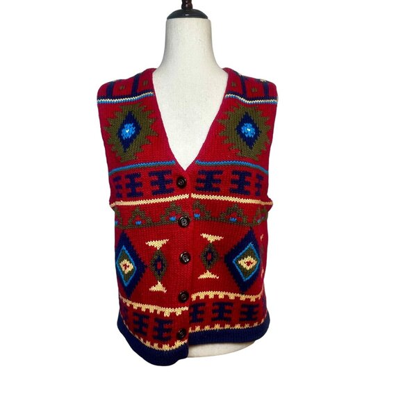 Vintage Westbound Knit Sweater Vest | Southwestern Aztec Pattern | Red Multicolo - Picture 1 of 7